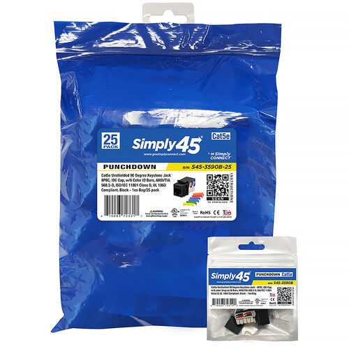 Simply45 Cat 5e 90 Unshielded Keystone Jack (Black 25-Pack)