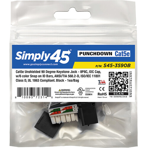 Simply45 Cat 5e 90 Unshielded Keystone Jack (Black)
