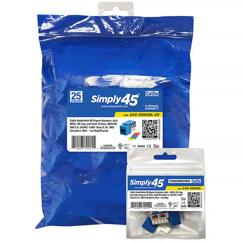 Simply45 Cat 5e 90 Unshielded Keystone Jack (Blue 25-Pack)