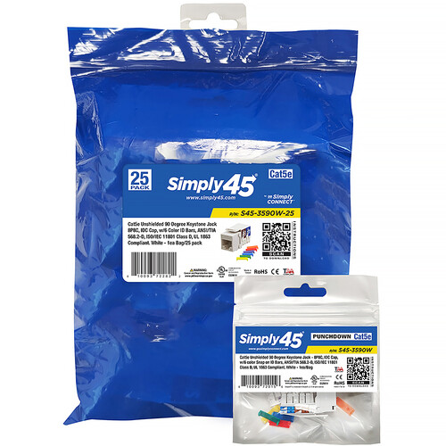 Simply45 Cat 5e 90 Unshielded Keystone Jack (White 25-Pack)