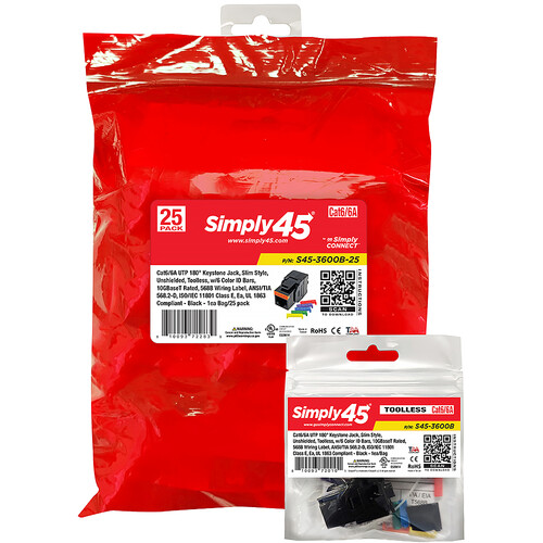 Simply45 S45-3600B-25 Cat 6/6a UTP 180 Degree Keystone Jack (Black 25-Pack)