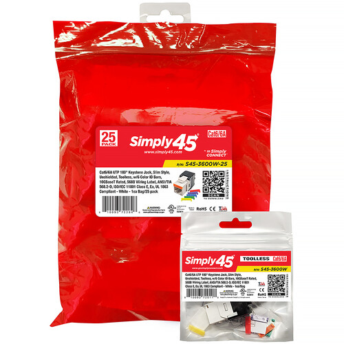 Simply45 S45-3600W-25 Cat 6/6a UTP 180 Degree Keystone Jack (White 25-Pack)