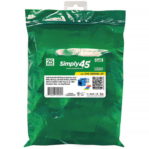 Simply45 Cat6 90 Unshielded Keystone Jack (Black 25-Pack)