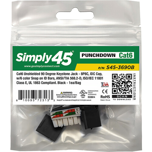 Simply45 Cat6 90 Unshielded Keystone Jack (Black)