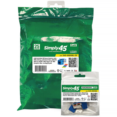 Simply45 Cat6 90 Unshielded Keystone Jack (Blue 25-Pack)