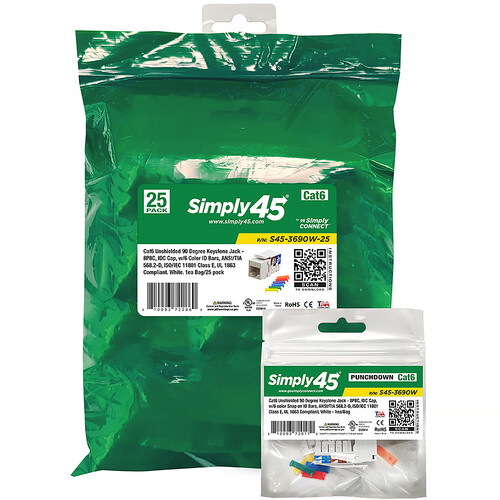 Simply45 Cat6 90 Unshielded Keystone Jack (White 25-Pack)