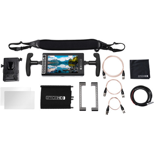 703 UltraBright 7" Full HD On-Camera LED Monitor Bundle, Includes V-Mount Battery Bracket and Sunhood Cage Combo