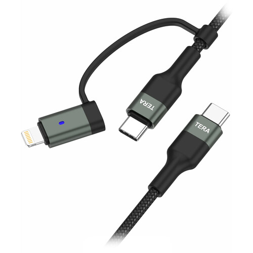 Tera Grand USB-C 2.0 Sync and Charge Cable with Lightning Adapter (6' Black)