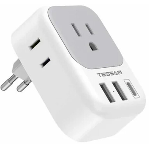Tessan European Travel Plug Adapter with 4 Outlets & 3 USB Ports