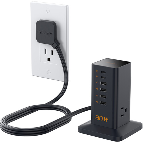 Tessan 9-in-1 30W USB/AC Vertical Charging Station (Black)