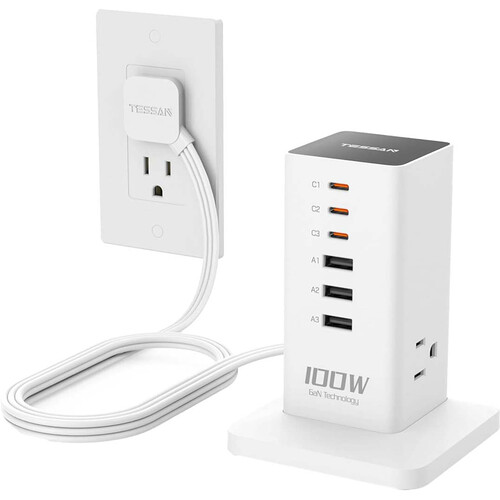 Tessan 9-in-1 100W USB/AC Vertical Charging Station (White)