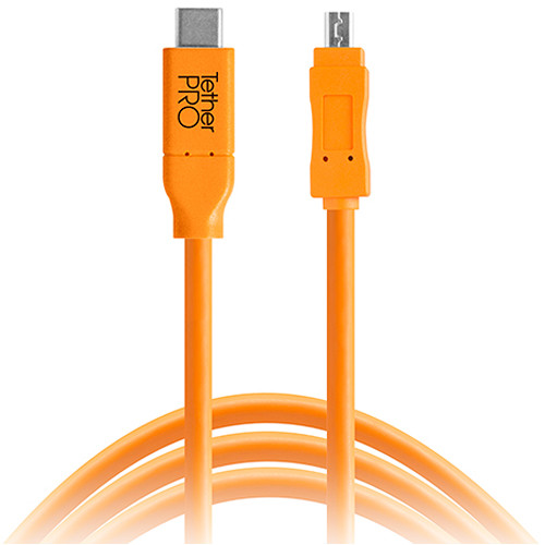 Tether Tools TetherPro USB-C to USB 2.0 Mini-B 8-Pin Cable | for Fast Transfer and Connection Between Camera and Computer | High Visibility Orange | 15 Feet (4.6 m)