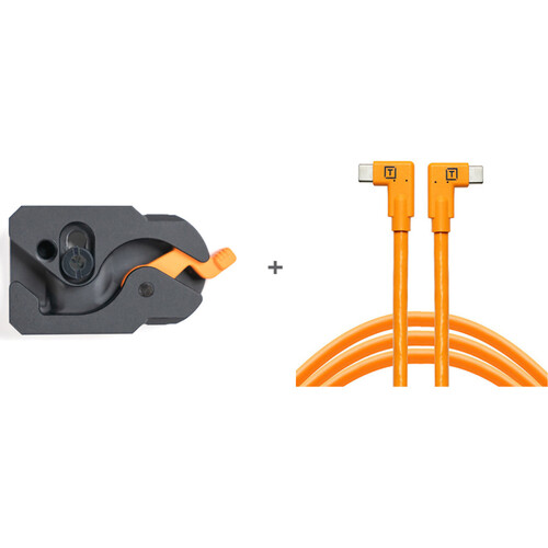 Tether Tools TetherGuard LeverLock Plate & TetherPro Dual Right-Angle USB-C Cable Kit (15' High-Visibility Orange)