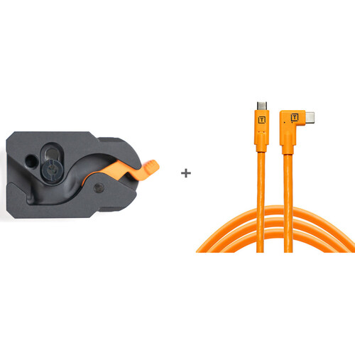 Tether Tools TetherGuard LeverLock Plate & TetherPro USB-C to Right-Angle USB-C Cable Kit (15' High-Visibility Orange)