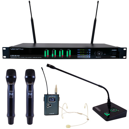 VocoPro UTD-QUAD-WORSHIP 4-Channel Wireless System with 1 Headset 1 Gooseneck & 2 Handheld Microphones (500 MHz)
