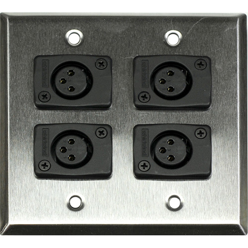 Whirlwind WP2/4FW 2-Gang Wall Plate with 4 Whirlwind WC3F Female XLR Terminals (Stainless Steel Finish)