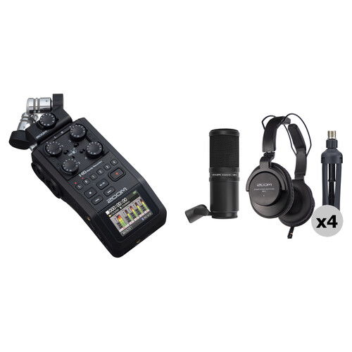 Zoom H6 All Black 4Person Podcast Mic Kit with Handy Recorder,