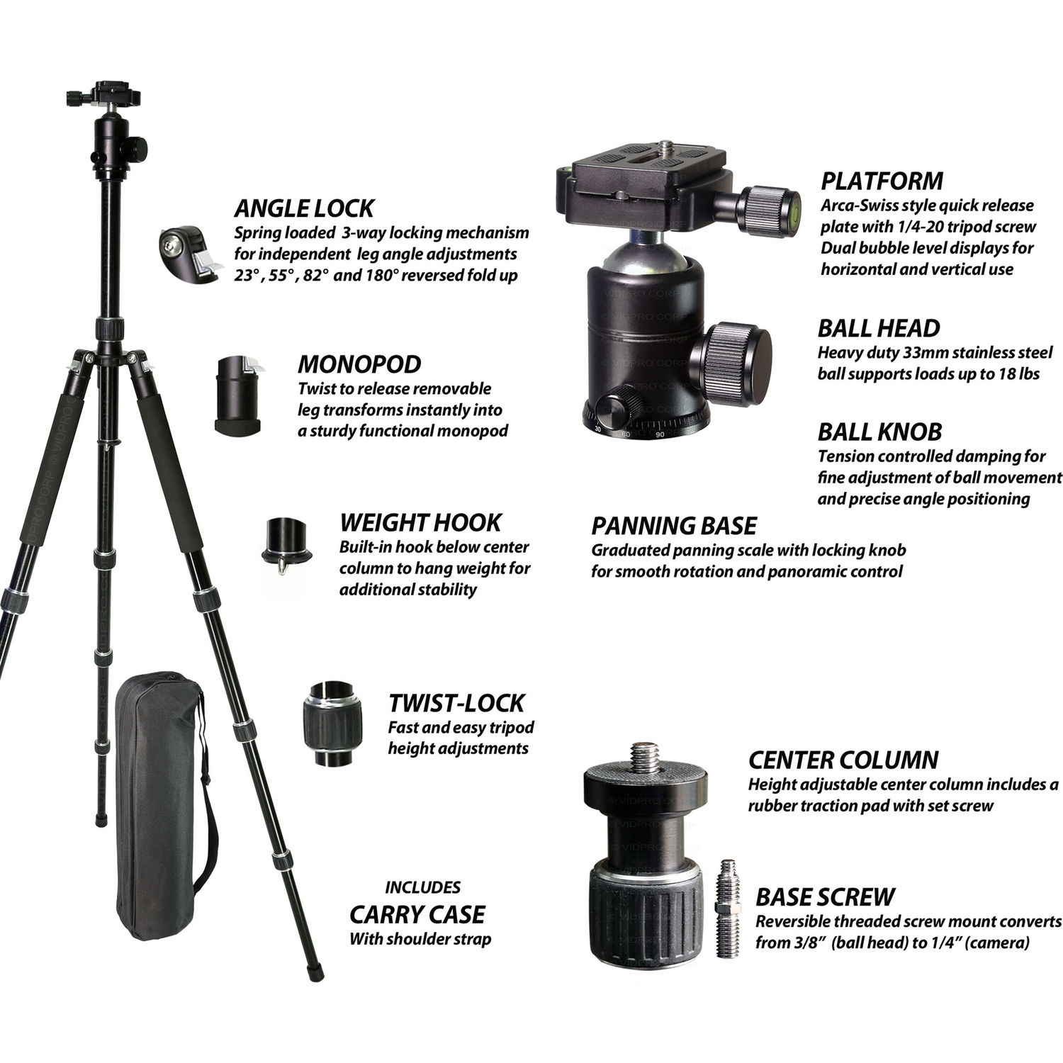 Vidpro BH-3 Mini Ball Head for Tripods /& Monopods