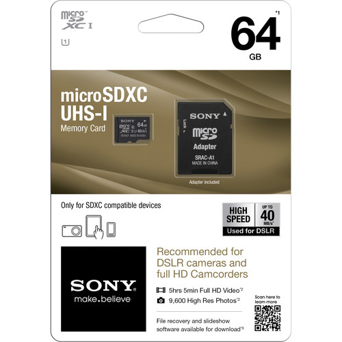 Sony 64GB microSDXC Class 10 UHS-1 Memory Card SR64UYA/TQMN B&H