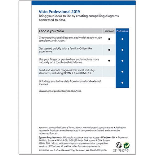 Microsoft Visio Professional 2019 1 User License Media Less Product Key Code - 