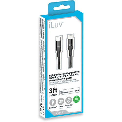 iLuv 3' Premium MFI Lightning-to-USB-Type-C Braided ICB274BK B&H