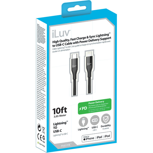 iLuv 10' Premium MFi Lightning-to-USB-Type-C Braided Cable Black