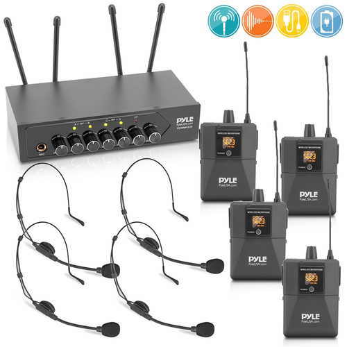 Pyle Pro PDWM4122 UHF Wireless System with 4 Bodypacks 4 Headset Mics Receiver with Bluetooth