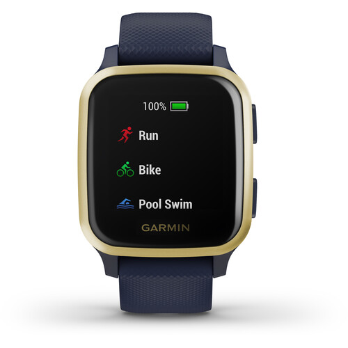Garmin Venu Sq GPS Smartwatch (Music Edition, Light Gold Aluminum Bezel, Navy Case, & Silicone Band)