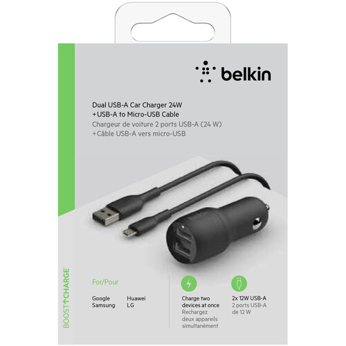 Belkin Boost Charge 24W Dual USB Type-A Car Charger with USB-A/Micro-USB  Cable